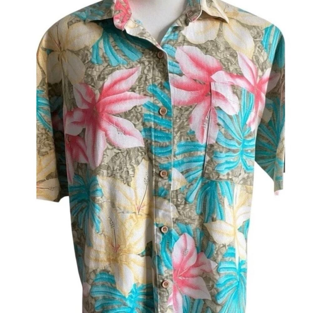 Vtg 80s Pink Blue Hawaiian Button Down Short Sleeve Blouse Women M Miami Vice